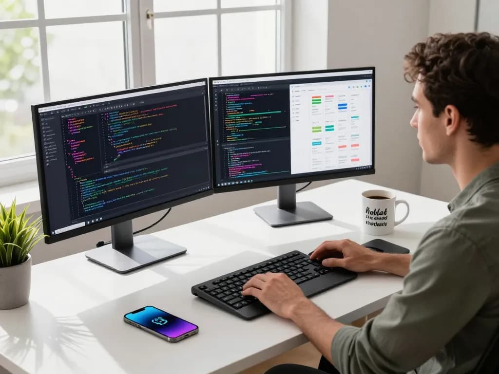 Developer coding in an open workspace with the Open Claw AI interface visible, highlighting productivity and innovation.