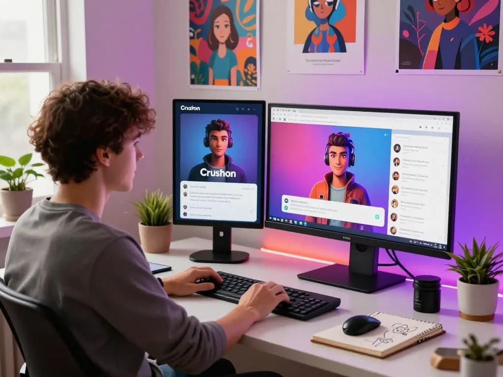 Engaging user chatting on Crushon AI platform at a modern home office desk.