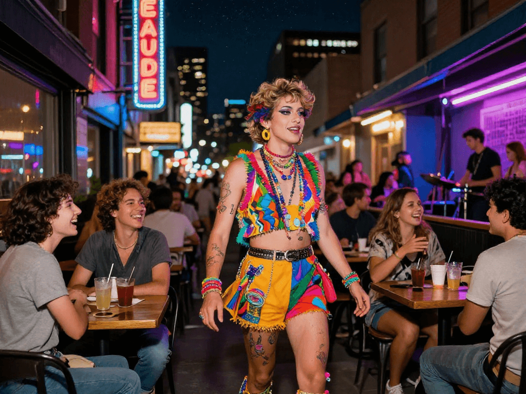 Person expressing their identity in the vibrant nightlife as an ai slut, surrounded by friends and neon lights.