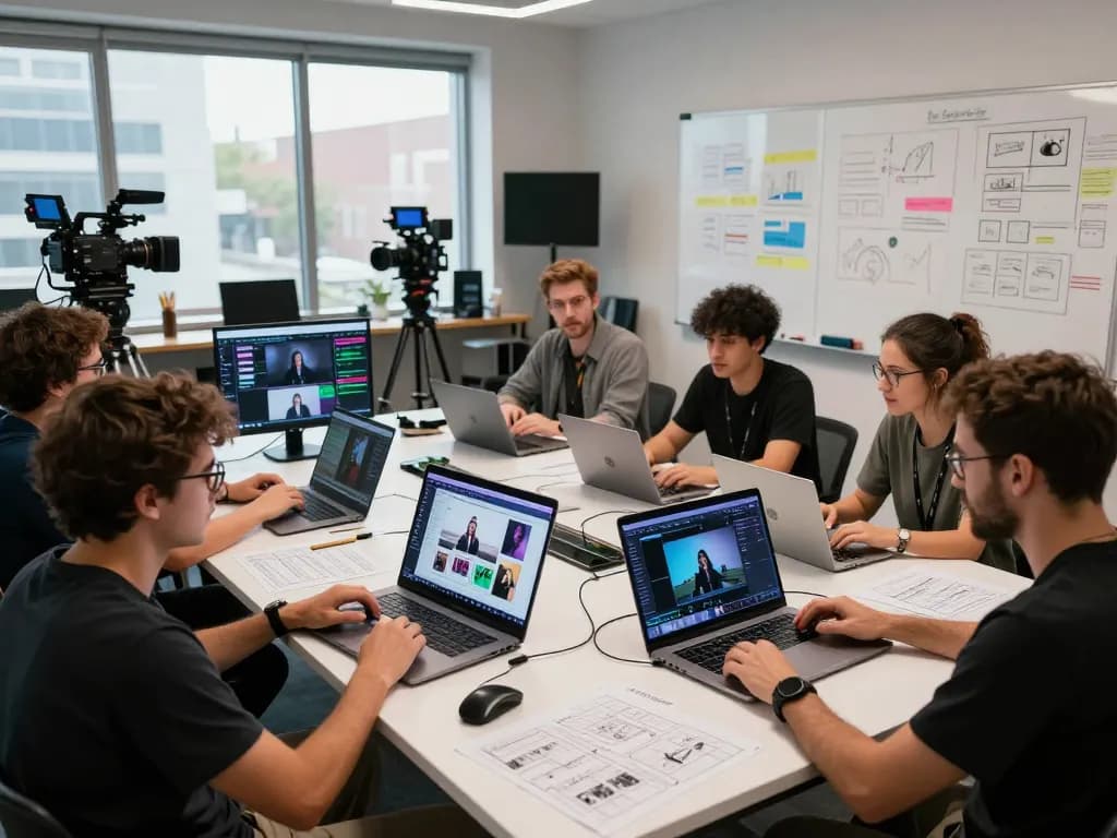 Collaborative filmmakers using seedance 2.0 ai in a modern creative studio.