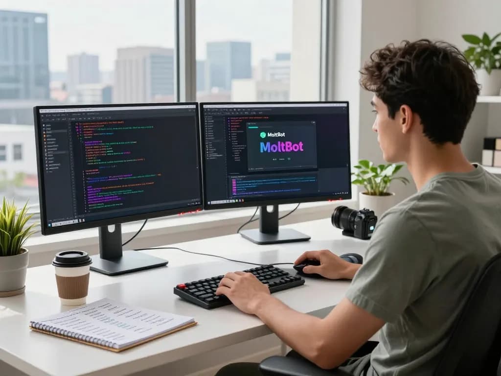 MoltBot mac setup in a modern workspace with dual monitors showing code and design, creating a productive atmosphere.