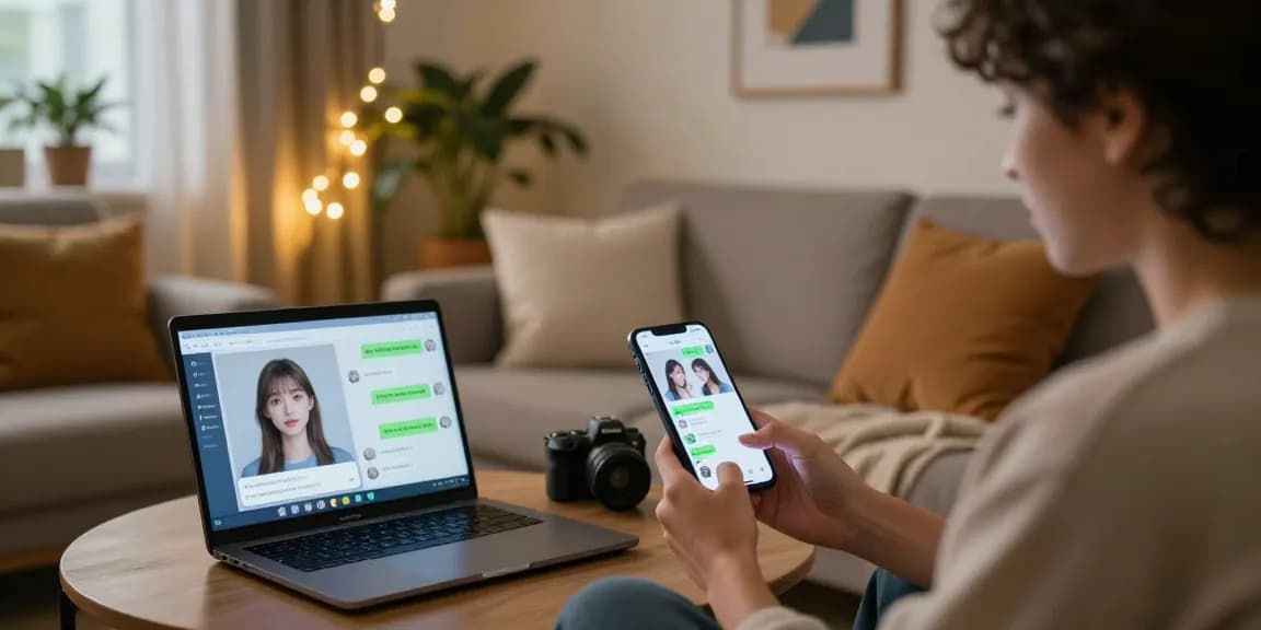 AI girlfriend chat experience in a cozy living room with interactive text messages.
