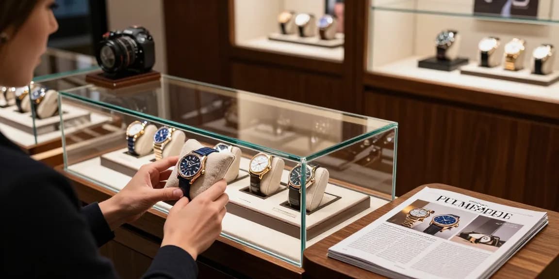 Luxury replica watch showcase with elegant details in a boutique.