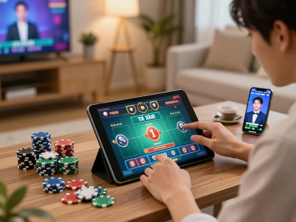 Engaging in tài xỉu online betting with a tablet and strategic overview.