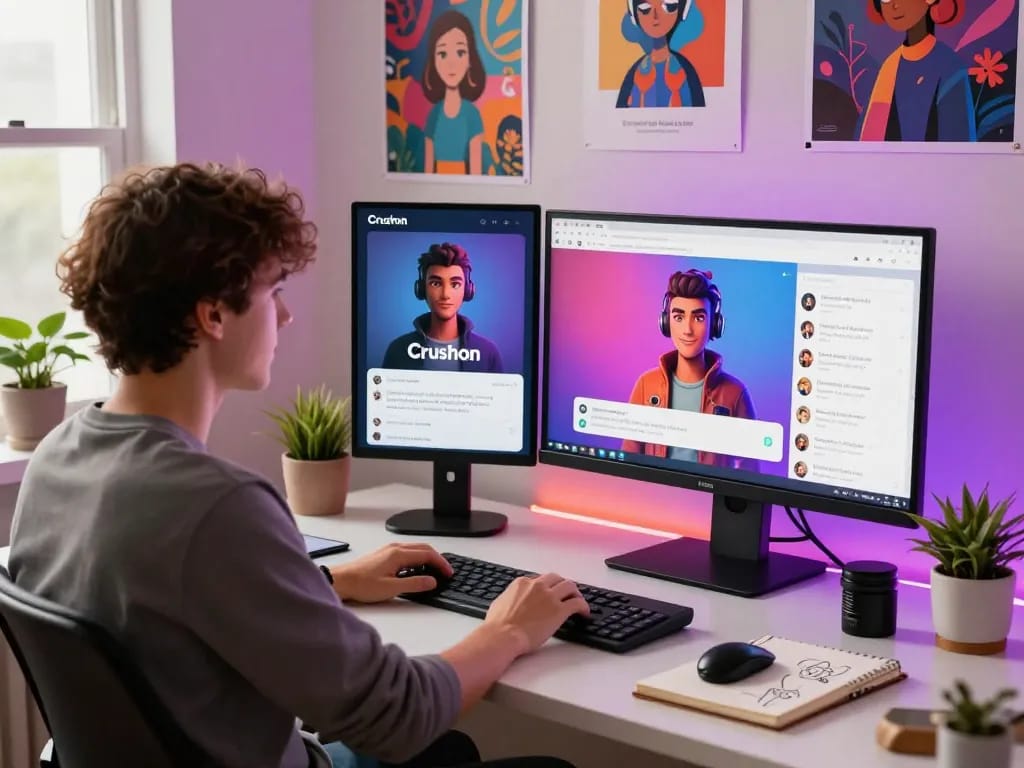 Engaging user chatting on Crushon AI platform at a modern home office desk.
