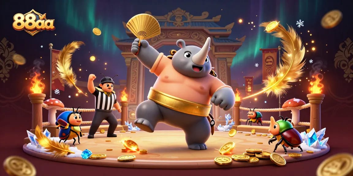88aa casino scene with a beetle champion stomping coins, showcasing a vibrant gambling atmosphere