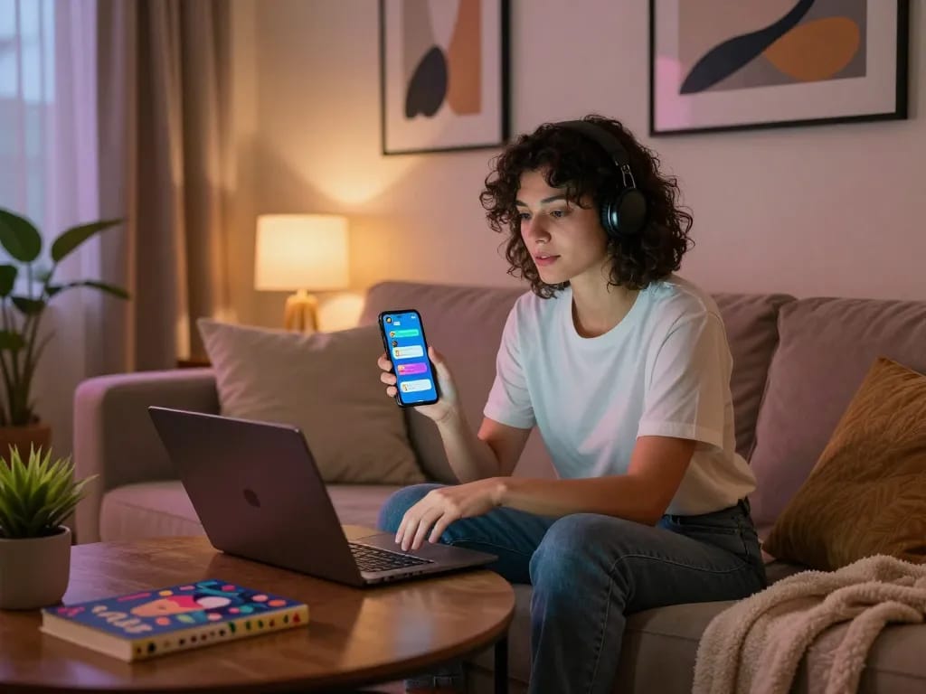 Engaging in AI porn chat on a laptop in a cozy home setting, showcasing modern decor and an inviting atmosphere.