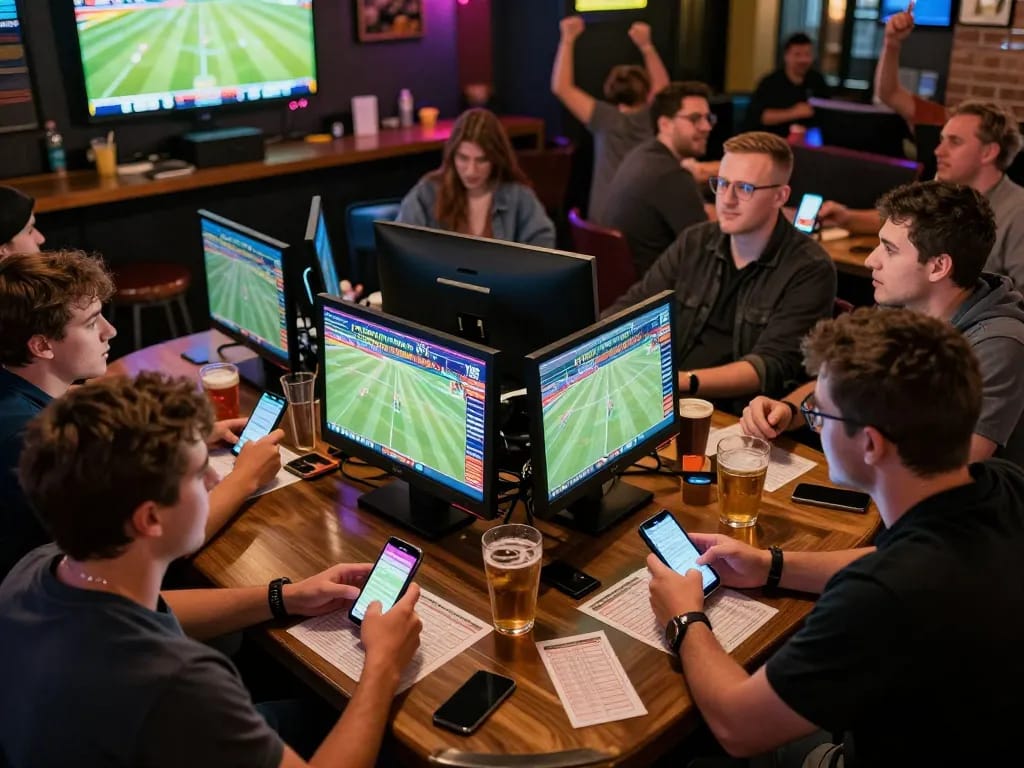 SHBET players engaging in an exciting sports betting atmosphere at a lively venue.