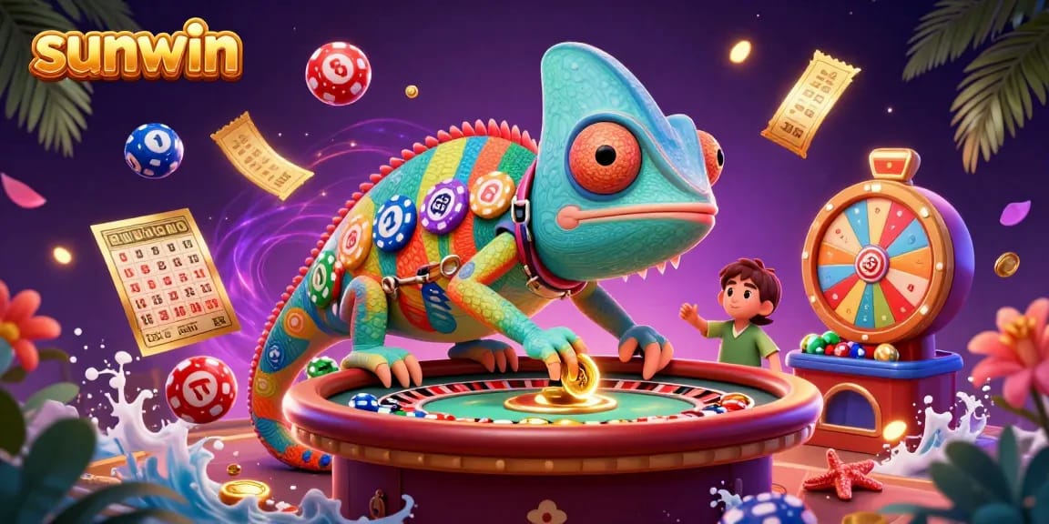 Experience the excitement of sunwin with vibrant casino elements and a colorful chameleon owner.