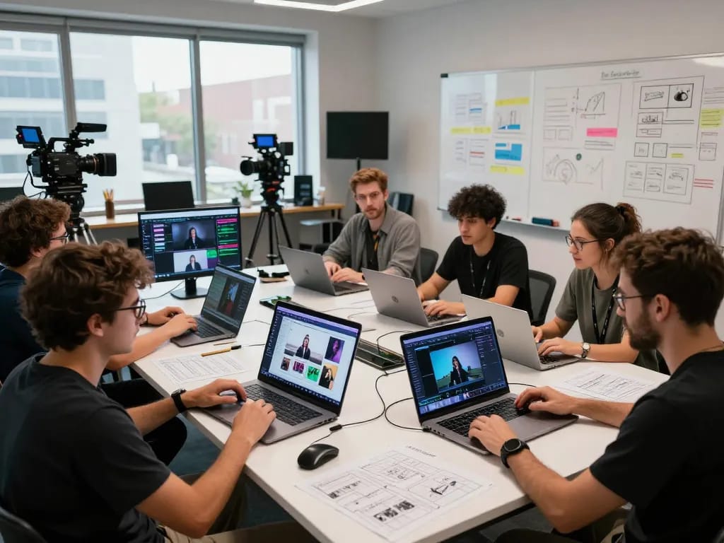 Collaborative filmmakers using seedance 2.0 ai in a modern creative studio.