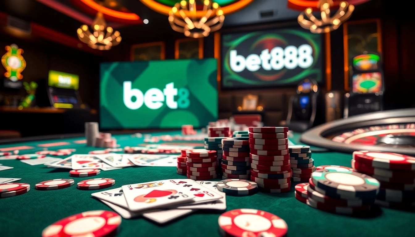 Experience thrilling action at bet88's luxurious casino gaming table with cards and chips.