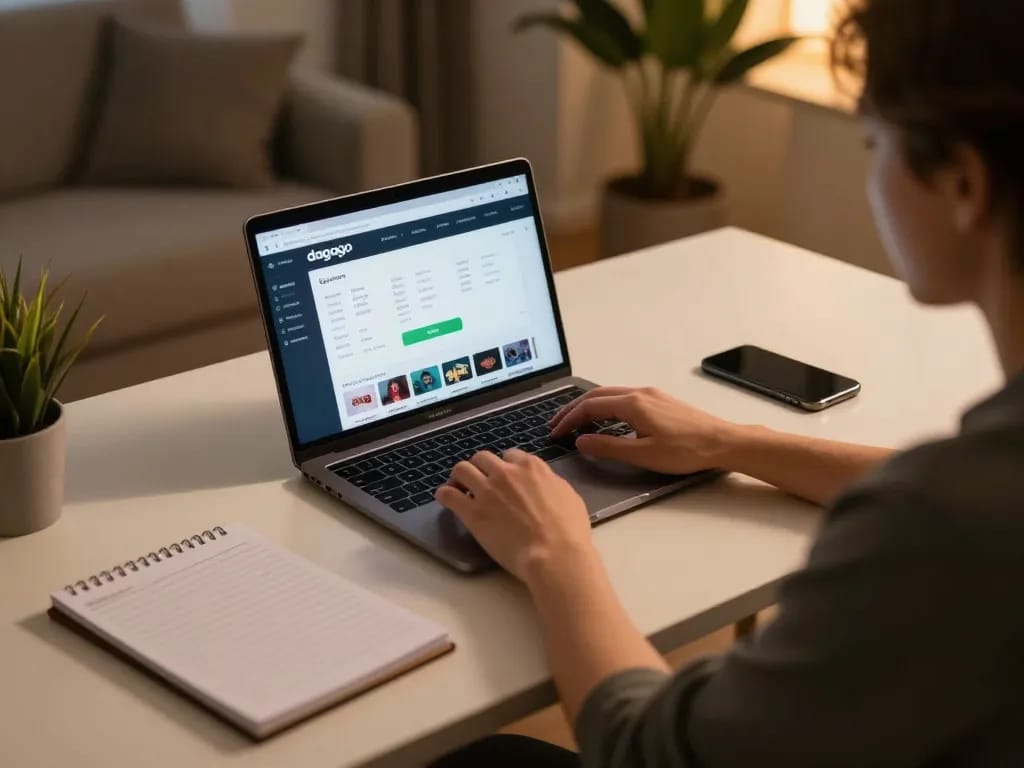 Engaging with dagago on a sleek laptop for strategic online gambling in a cozy home office