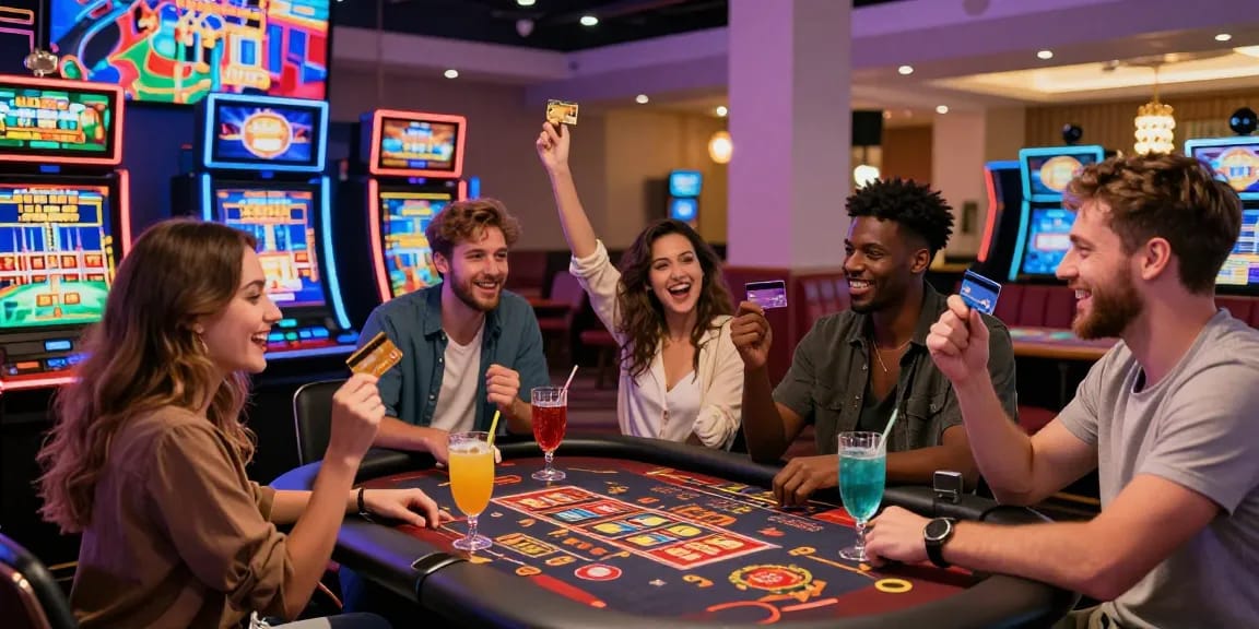 Exciting gaming friends celebrating at credit card casinos with cards in hand.