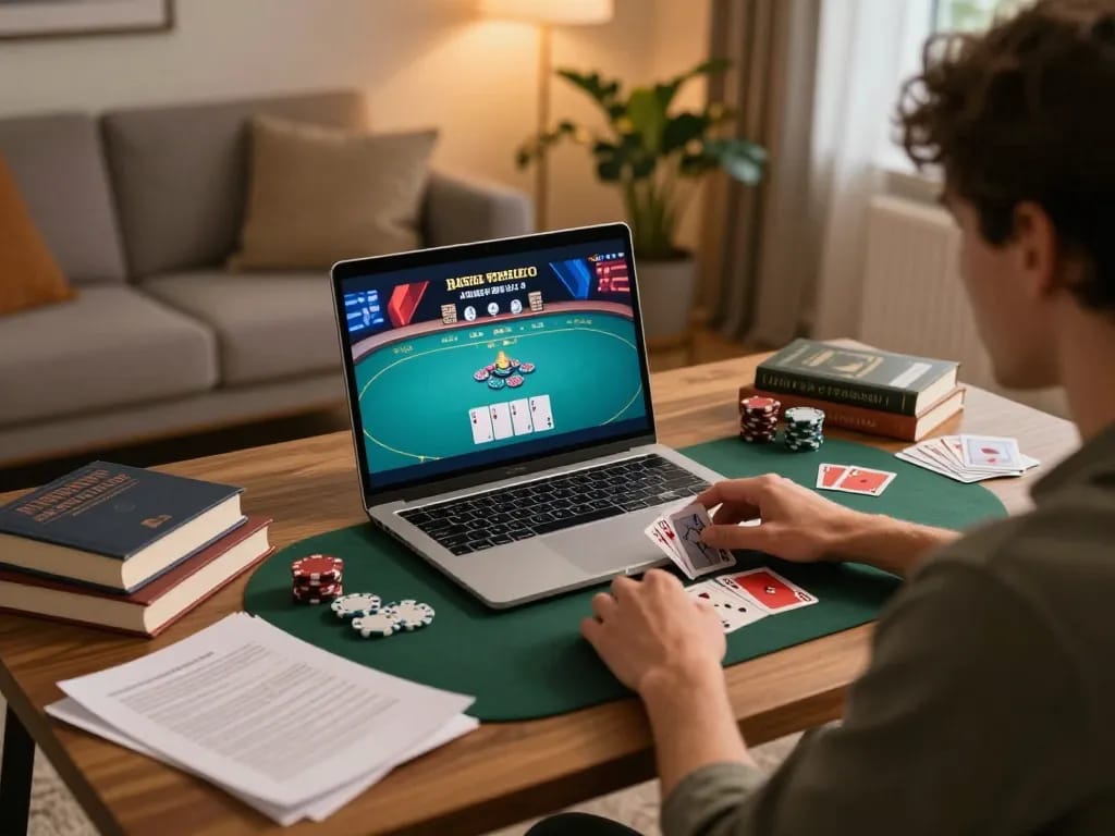 Engaging poker gameplay on gamebaidoithuong8 from a cozy home setup, showcasing strategic decision-making.