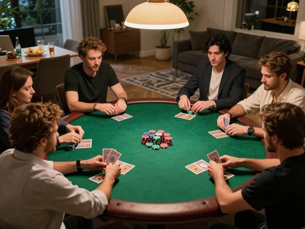 Players enjoying a poker night at home with 58wiin, engaging in lively card gameplay.
