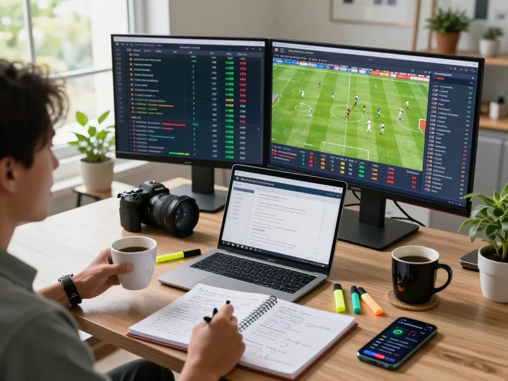 Tỷ lệ kèo nhà cái hôm nay displayed on multiple screens during a sports betting analysis session