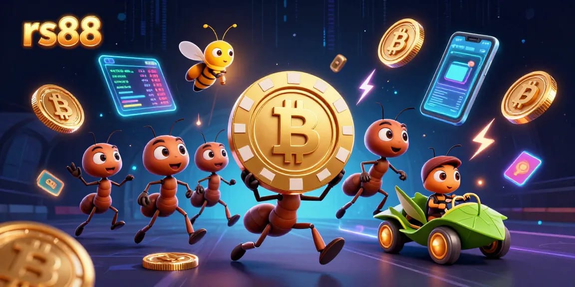 Experience thrilling wins at rs88 with a 3D illustration of ants heisting a giant poker chip.