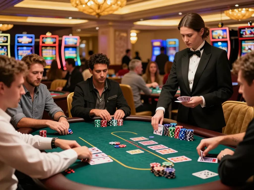 Players engaging at a poker table in a vibrant casino setting, featuring sv66 strategy and excitement.