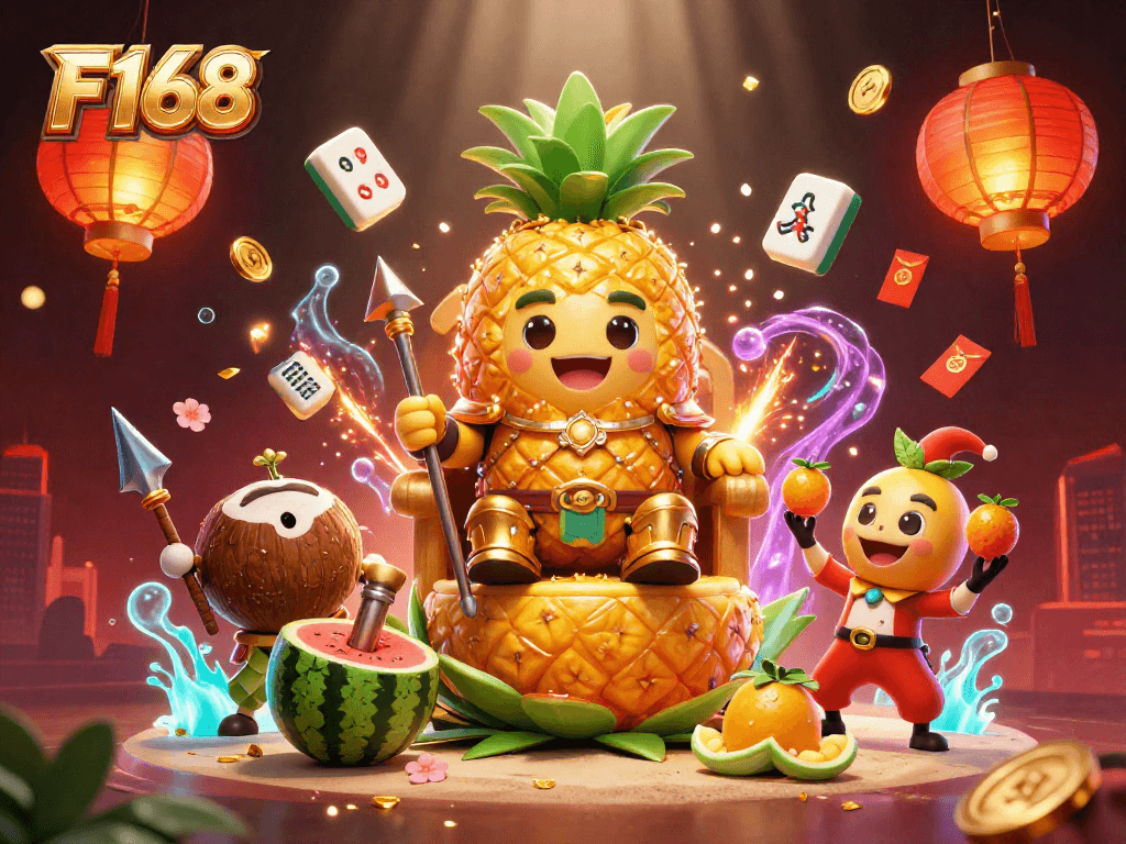A vibrant F168 casino scene featuring a golden pineapple king, entertaining beachgoers as golden treasures swirl around.