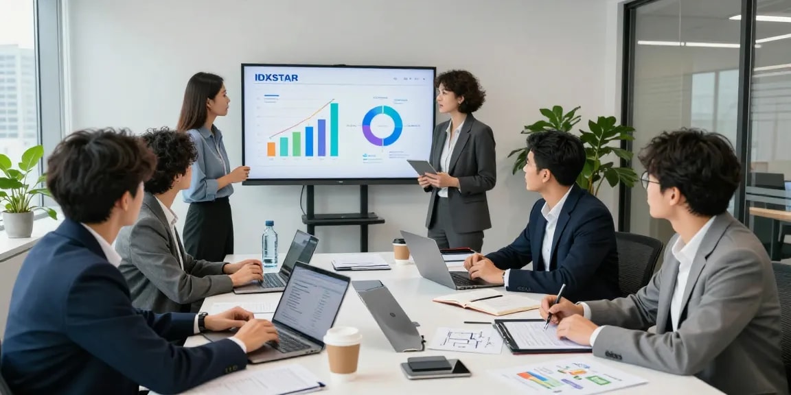 Team discussing IDXSTAR platform updates in a modern office conference room.