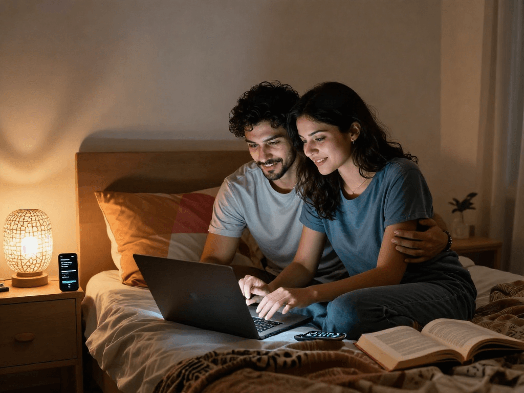 Couple engaged in ai chat porn on a laptop in a cozy bedroom, with warm lighting and colorful decor.