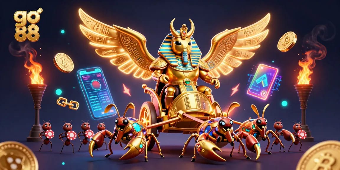 Experience the thrill of go 88 gaming with a vibrant 3D illustration of a golden scarab beetle leading an exhilarating casino adventure.