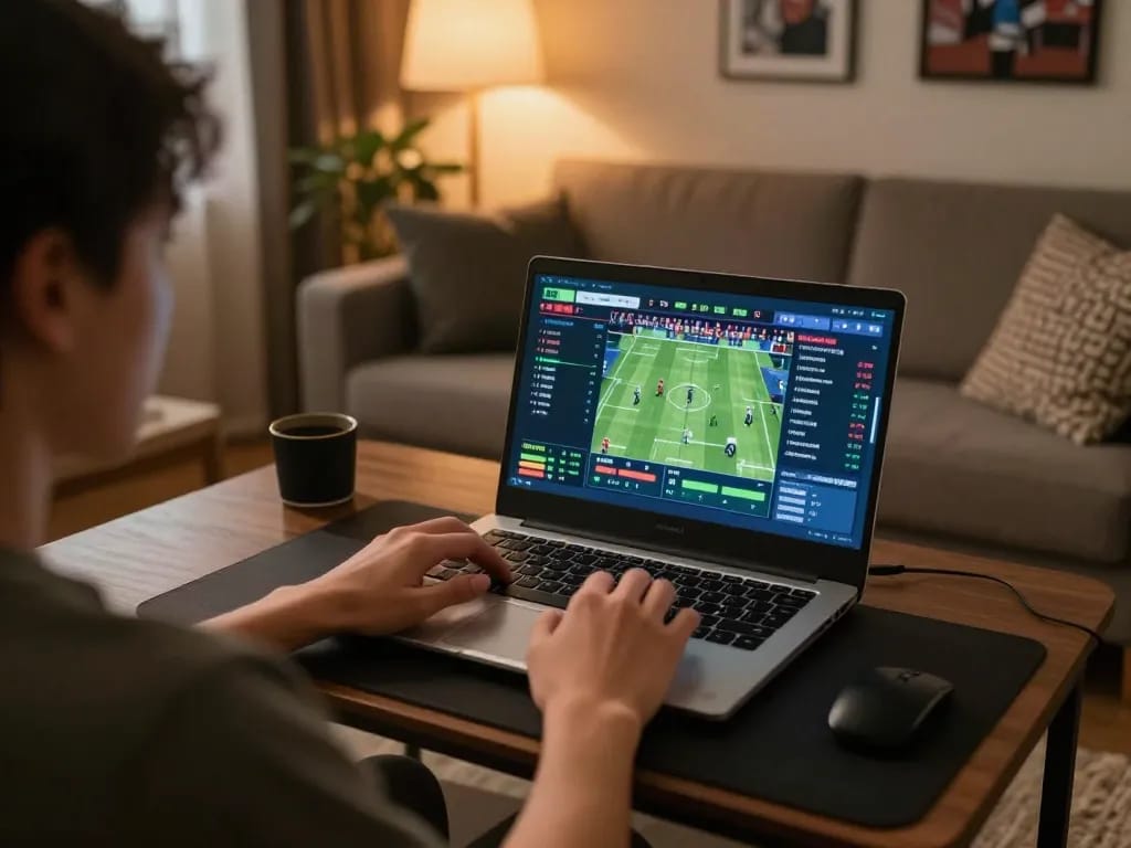 Betting on sports with bl555 on a laptop in a cozy home atmosphere