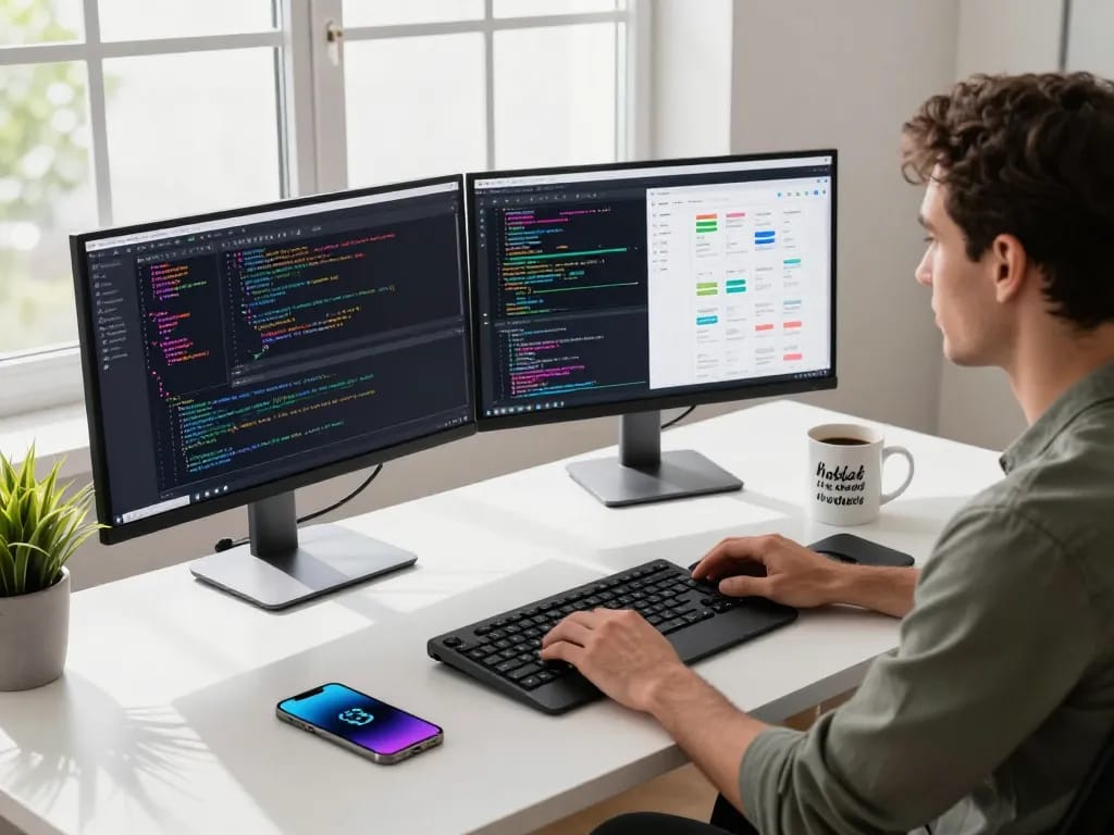 Developer coding in an open workspace with the Open Claw AI interface visible, highlighting productivity and innovation.