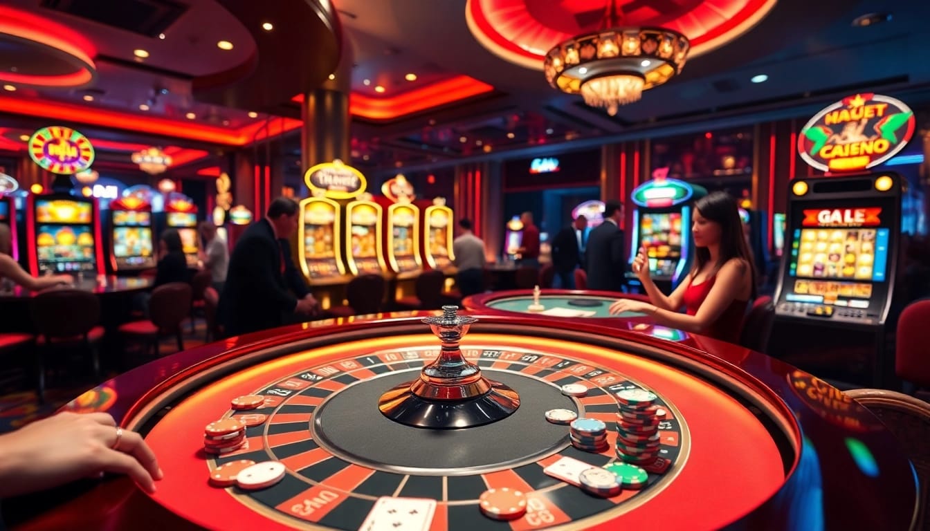Players excitedly placing bets at GA888 Casino tables, showcasing vibrant gaming action.