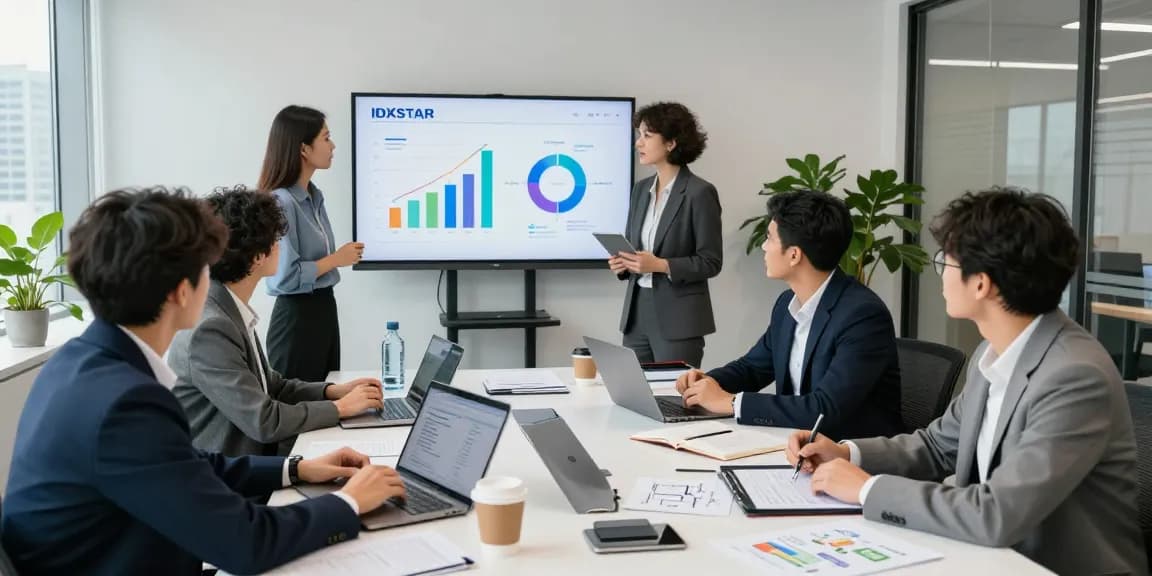 Team discussing IDXSTAR platform updates in a modern office conference room.