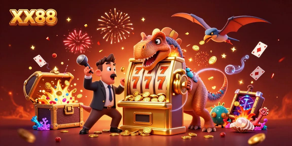XX88 slots come alive as a pachycephalosaurus headbutts a jackpot slot machine in a vibrant casino scene.