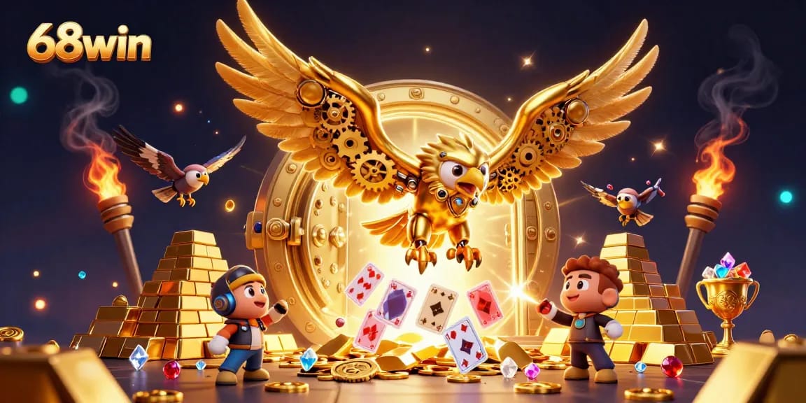 Dive into 68win's thrilling gaming experience featuring a majestic golden eagle and holographic cards.