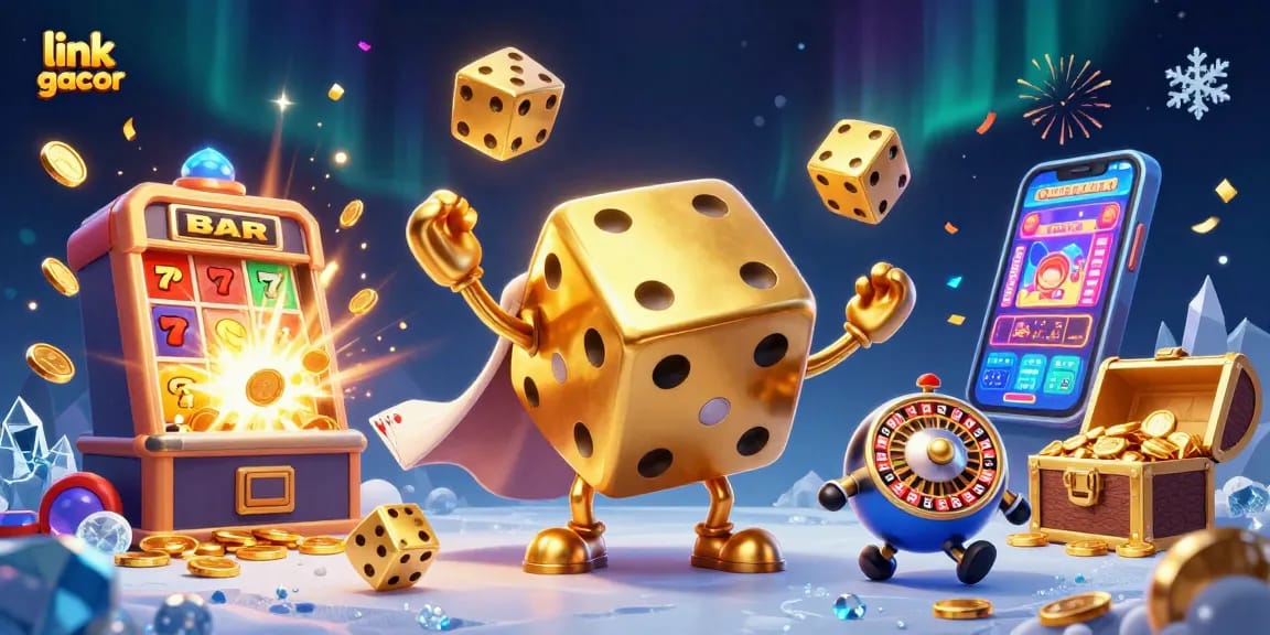Experience winning with link gacor in this vibrant, colorful casino scene featuring golden dice and slot machines.