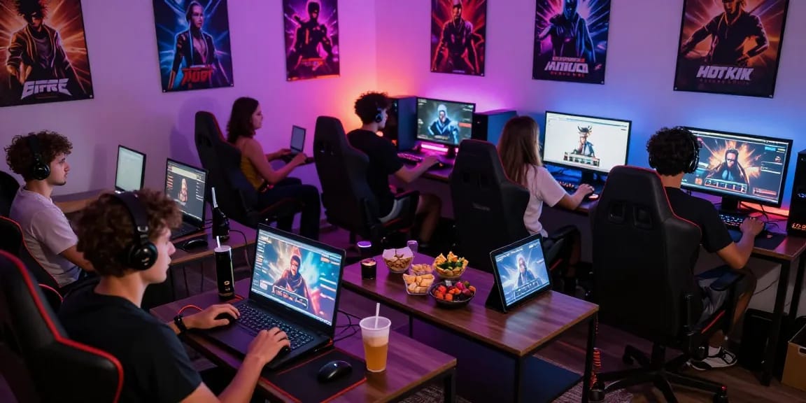 Engaged gamers playing free porn game online in a vibrant gaming room