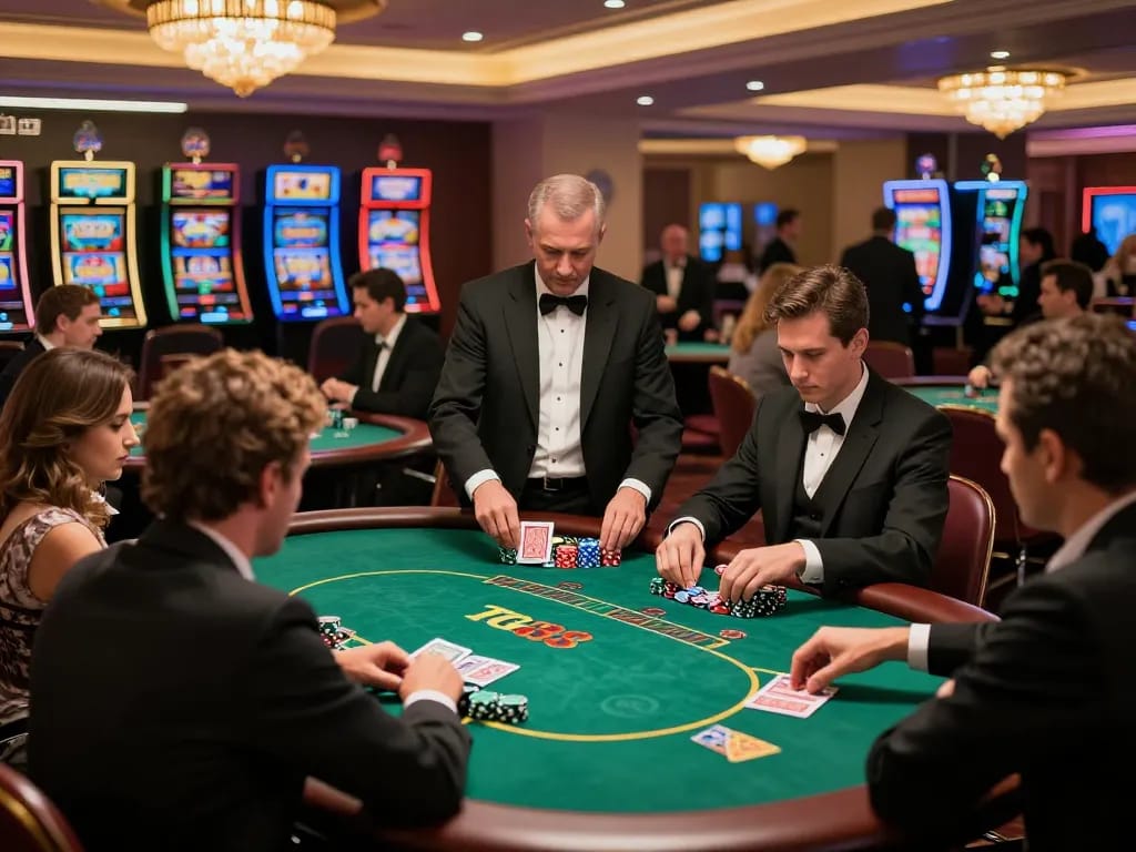 Engaged players at TG88 casino, strategizing and placing bets at poker tables.