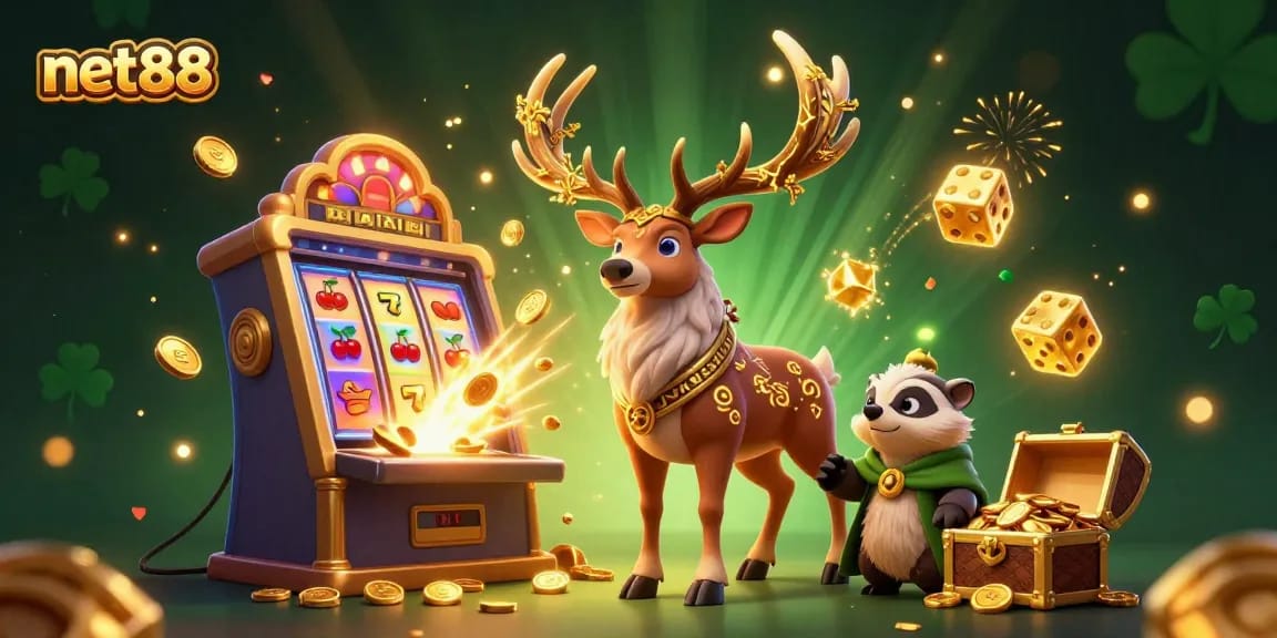 Engage with net88 via a vibrant 3D illustration showcasing a Celtic druid stag, casino elements, and jackpot excitement.