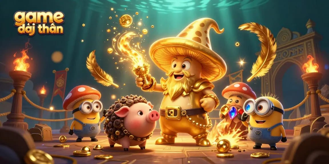 Experience thrilling game đổi thưởng magic with a golden mushroom wizard and treasure-filled scene.