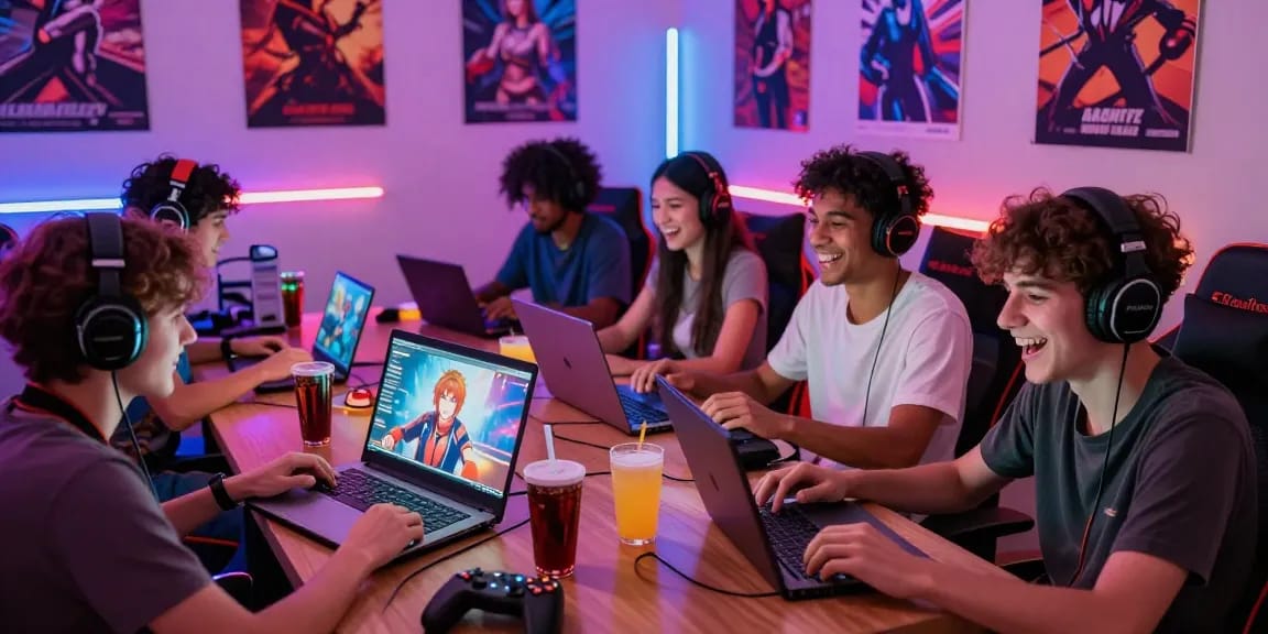 Engaging group of friends playing hentai games online in a vibrant gaming room.