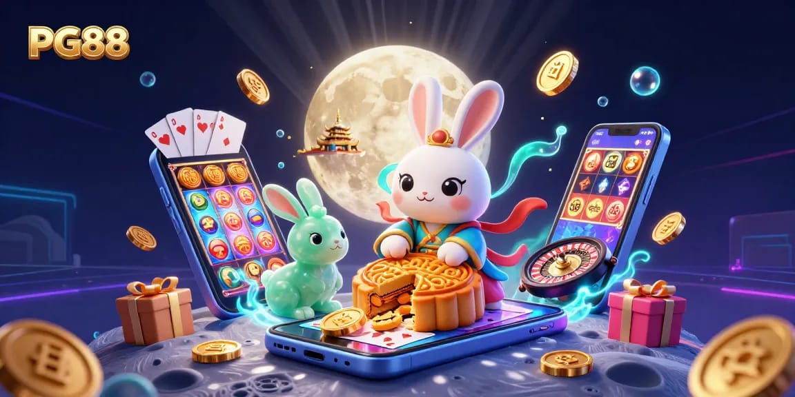 Join PG88 in this vibrant moonlit casino scene filled with slot games and poker chips.