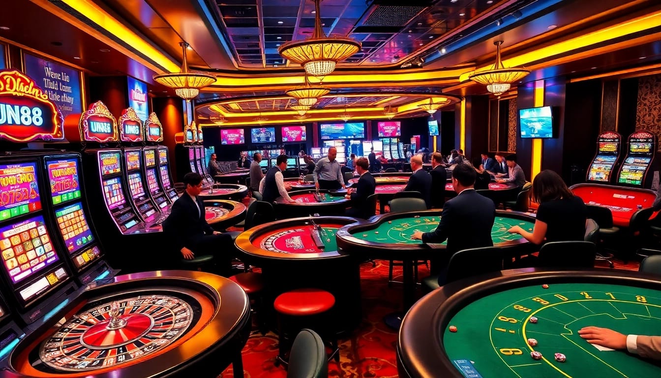 Players enjoying the thrilling gaming experience at Fun88's casino with vibrant tables and slot machines.