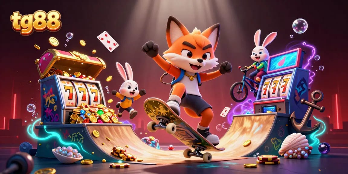 Experience tg88 with an energetic scene featuring a fox and rabbit in a casino-themed environment.