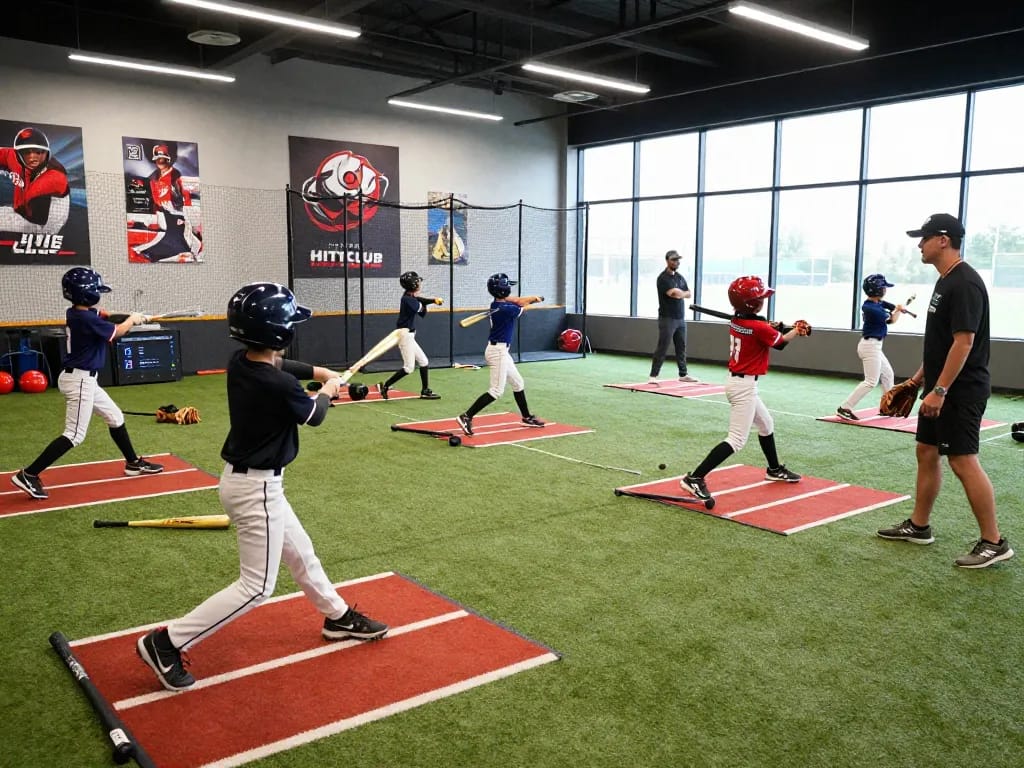 Players training at Hit Club baseball facility, showcasing action and dedication.