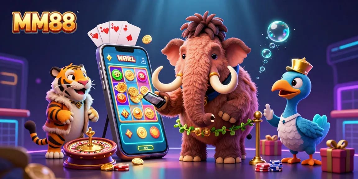 MM88 casino welcomes players with a vibrant scene featuring a mammoth bouncer and stylish VIP guests.