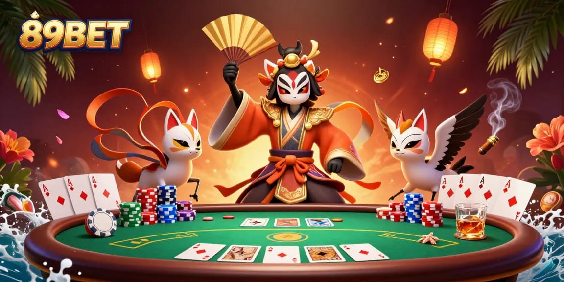 Win big at 89BET with an exciting 3D poker illustration featuring iconic characters and vibrant game elements.