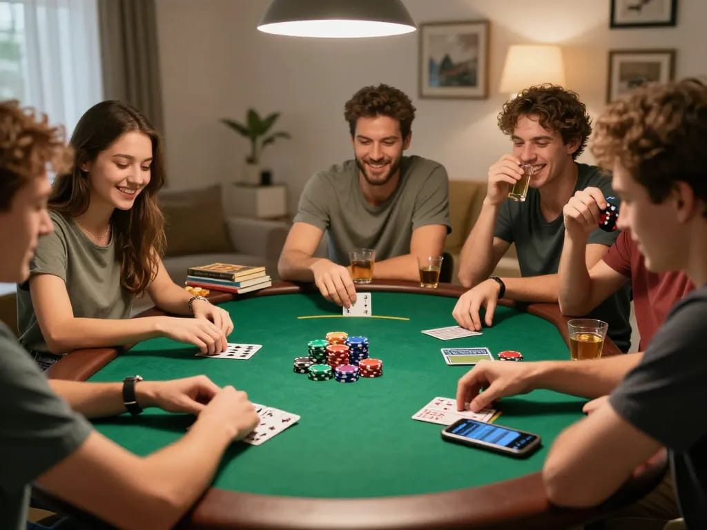 Friends playing poker strategically at home during a fun game night, sunwingo gambling experience.