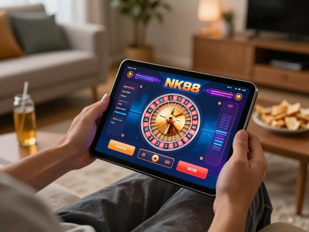 Engaging in the NK88 mobile gaming app, enjoying strategic roulette action from a cozy home setting.