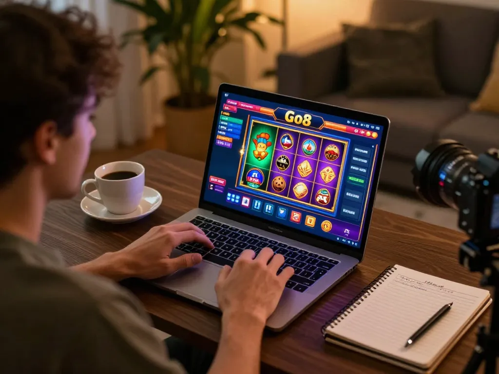 Engaging player enjoying Go8 online casino gaming in cozy home environment