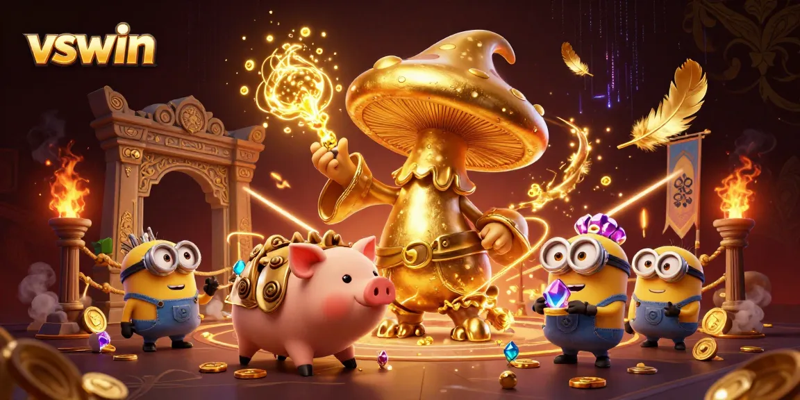 Experience the magic of winning with vswin's vibrant 3D casino scene featuring a golden wizard and treasures.