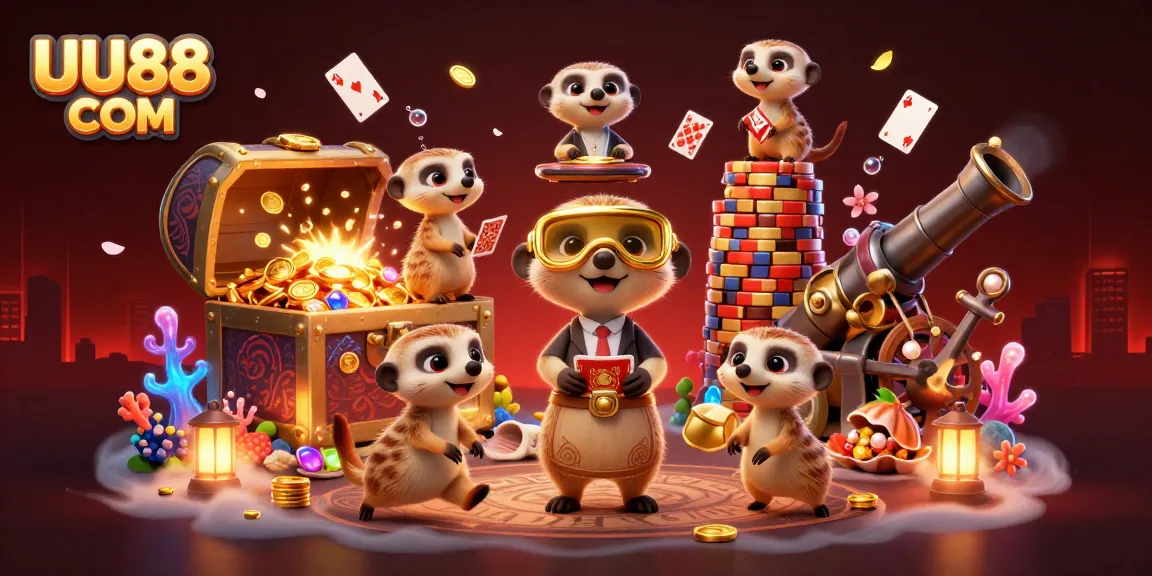 Engage with thrilling gaming at UU88 COM, featuring meerkats in a vibrant casino scene.