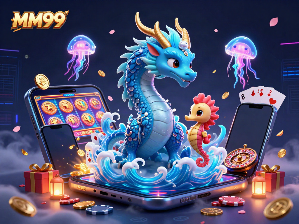 Experience thrill with MM99's vibrant illustration of a casino fantasy realm featuring a dragon, seahorse knight, and mystical elements.